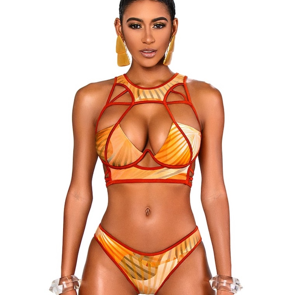 BFYNE Anaya Orange Strappy Tropical Bikini Swim Set Beachy Pool Vacay Sexy NWOT